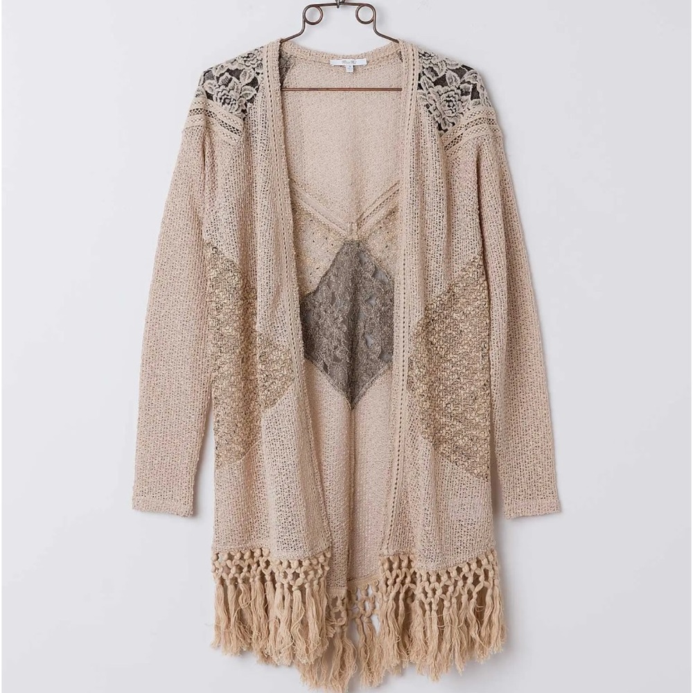 Miss Me Taupe Open Weave Flyaway Fringe Duster Sweater Boho Western Sz Large